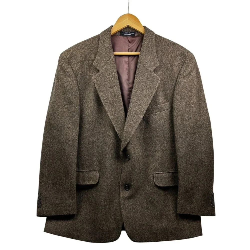 CHERESKIN Blazer Mens 44R Brwn Herringbone Camel Hair Blend Sport Coat Italy Vtg